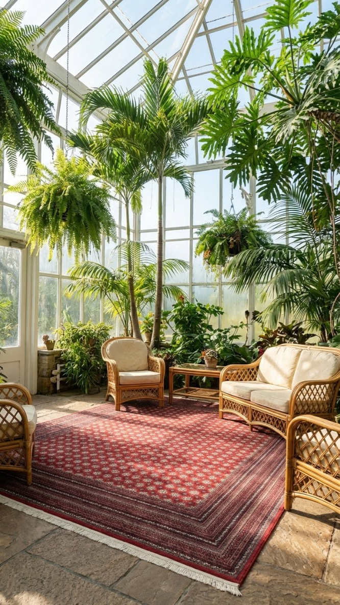 Geniş cam serada doğal ışık altında hasır oturma grubu ve kırmızı desenli halı ile dekorasyon