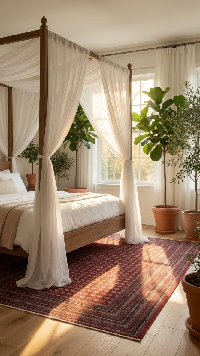 Ahşap dört direklik yatak, beyaz tül perdeler ve kiremit saksılı iç mekan bitkileri ile doğal ışık alan modern yatak odası