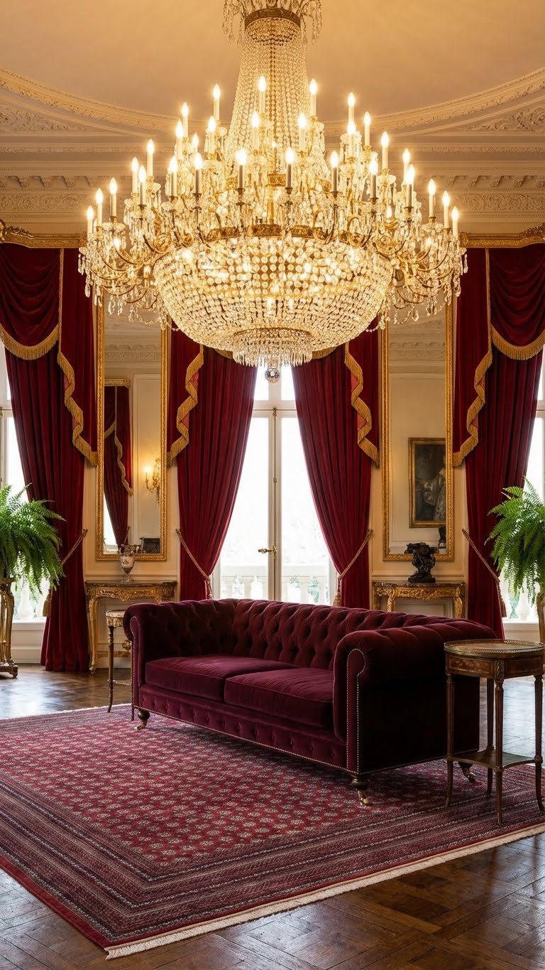 Klasik avangart salon, büyük kristal avize, bordo kadife chester koltuk, kırmızı halı ve kadife perdeler