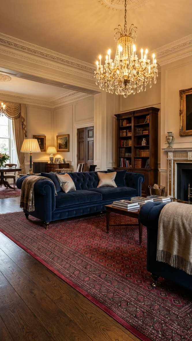 Klasik dekorasyonlu büyük oturma odasında mavi kadife kanepe, kristal avize ve kitaplıklı raf
