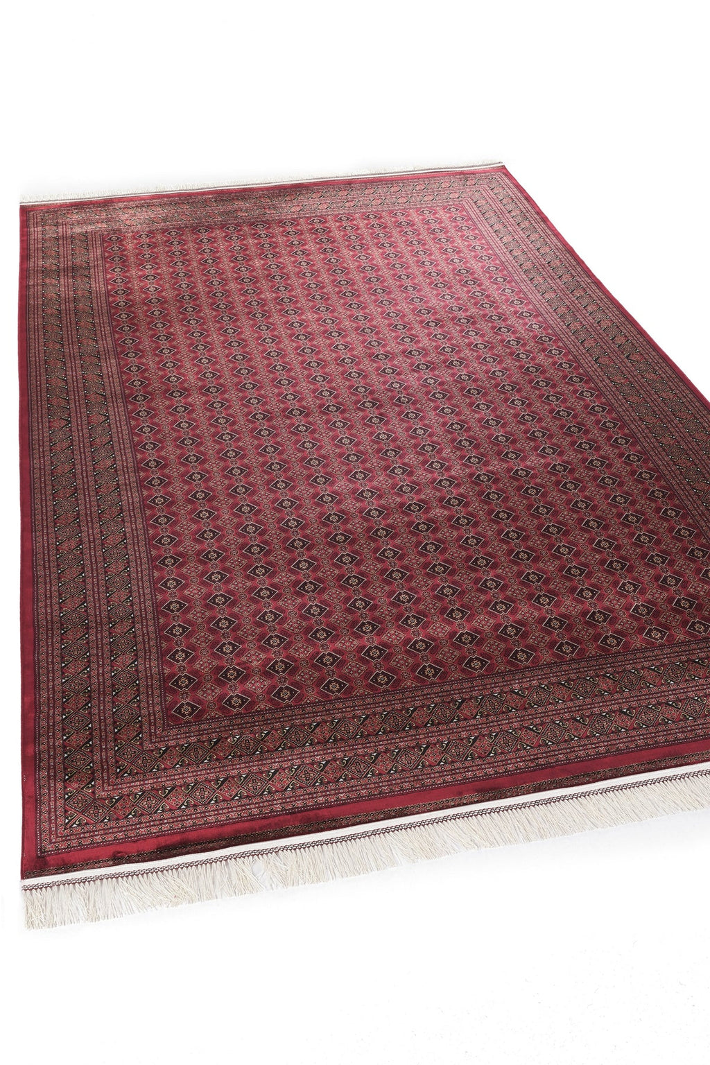 Klasik kırmızı zemin desenli el yapımı halı, detaylı bordür ve beyaz püsküller