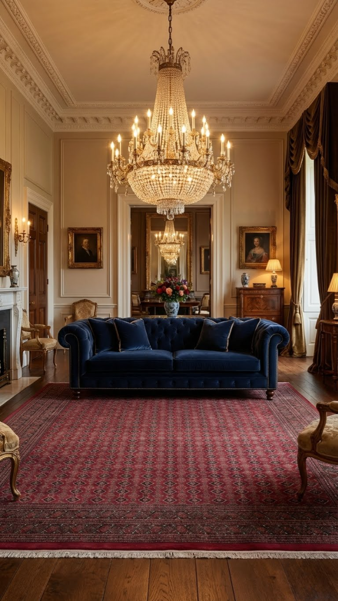 Klasik dekorasyonlu odada büyük kristal avize, lacivert kadife koltuk ve kırmızı desenli halı