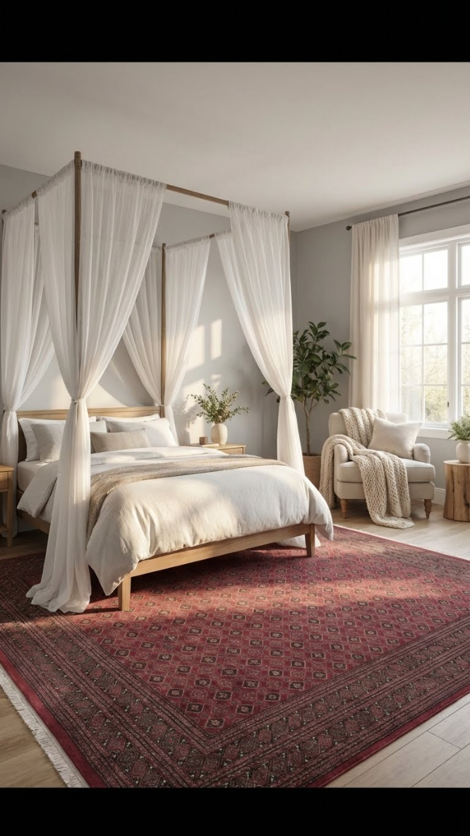 Beyaz tül ile dört sütunlu yatak, kırmızı desenli halı, konforlu koltuk ve büyük pencereyle modern yatak odası