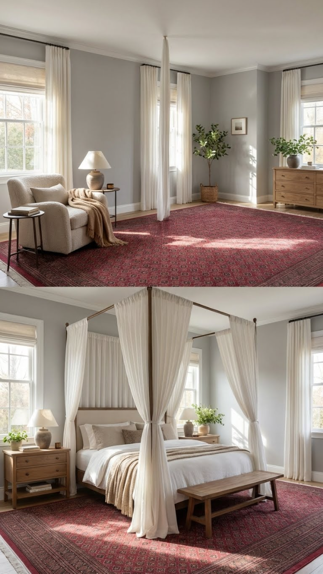 Doğal ışık alan modern yatak odasında kırmızı desenli halı, dört direkli beyaz tül perde ve ahşap mobilyalar