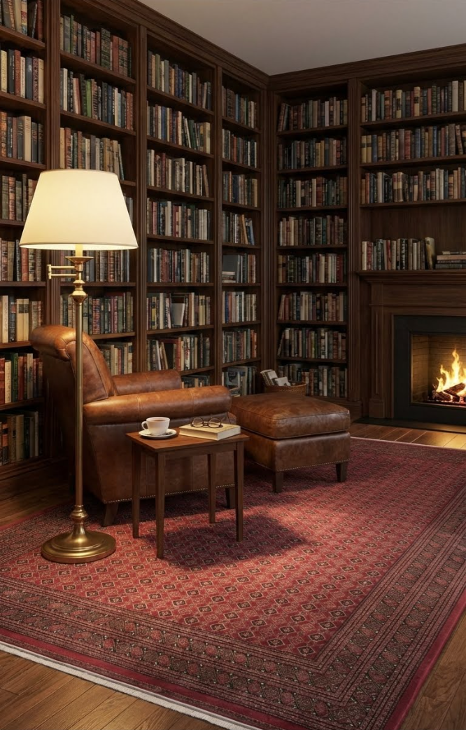 Kütüphane odasında kahverengi deri koltuk, ayak dayama, kitaplık, şömine ve ayakta lamba
