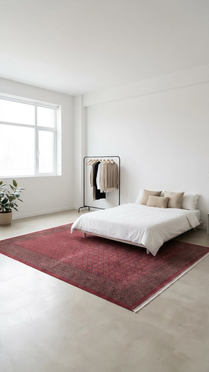 Minimalist beyaz yatak ve bej yastıklarla modern yatak odası, kırmızı desenli halı ve giysi askılığı