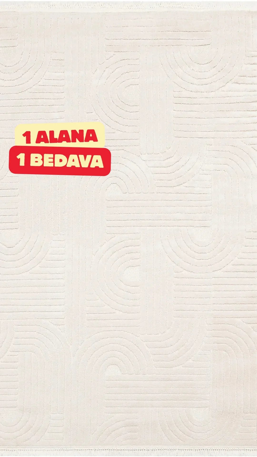 Bej renkli, geometrik desenli halı ve 1 alana 1 bedava kampanyası yazısı