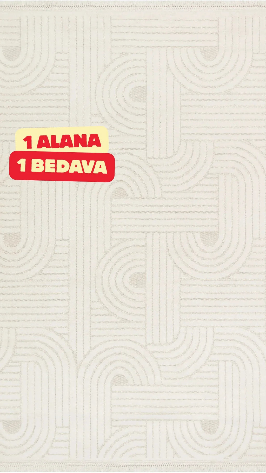 Beyaz geometrik desenli duvar kağıdı ve 1 alana 1 bedava kampanya etiketi