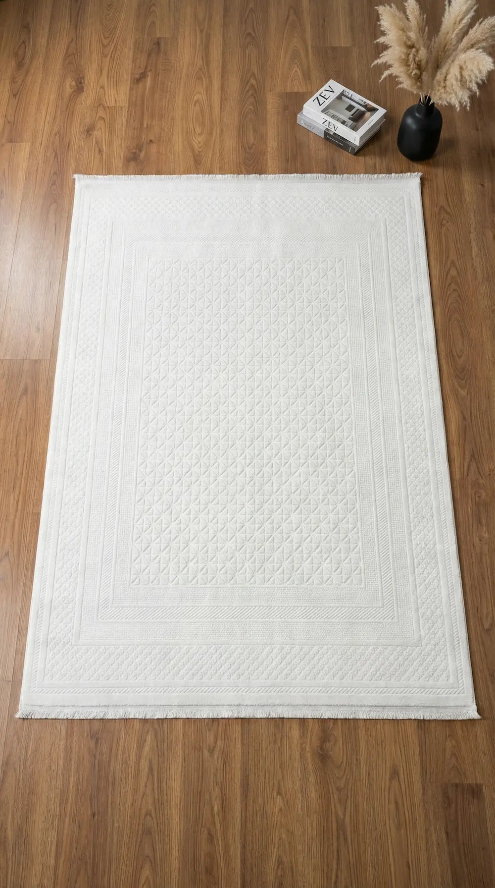 Zev Halı Prime PR024 Beyaz Kemik Geometrik Dokulu Lüks Modern Salon Halısı 160x230