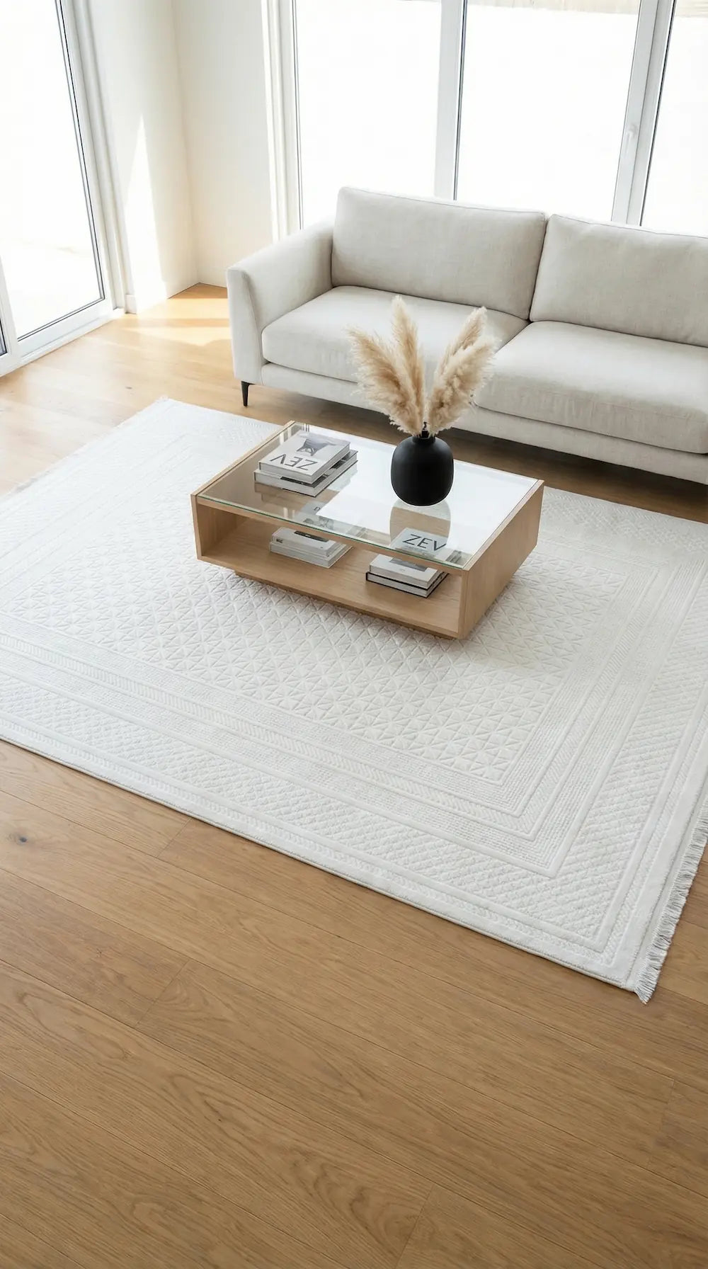 Zev Halı Prime PR024 Beyaz Kemik Geometrik Dokulu Lüks Modern Salon Halısı 160x230