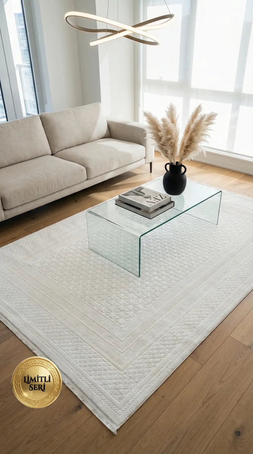 Zev Halı Prime PR024 Beyaz Kemik Geometrik Dokulu Lüks Modern Salon Halısı 160x230