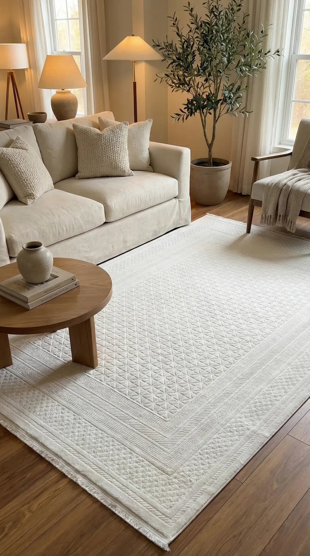 Zev Halı Prime PR024 Beyaz Kemik Geometrik Dokulu Lüks Modern Salon Halısı 160x230