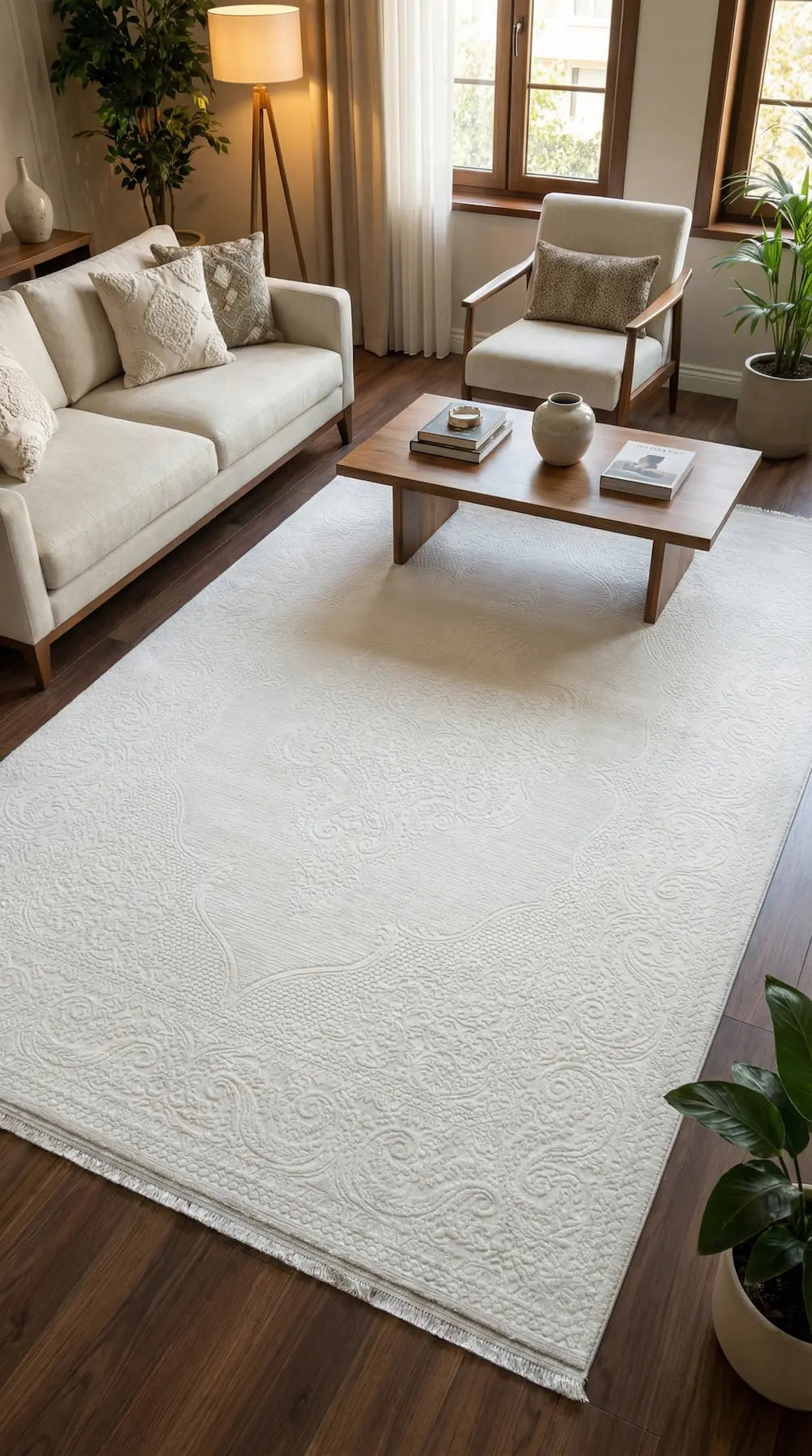 Zev Halı Prime PR022 Beyaz Kabartma Desenli Lüks Salon Halısı 160x230