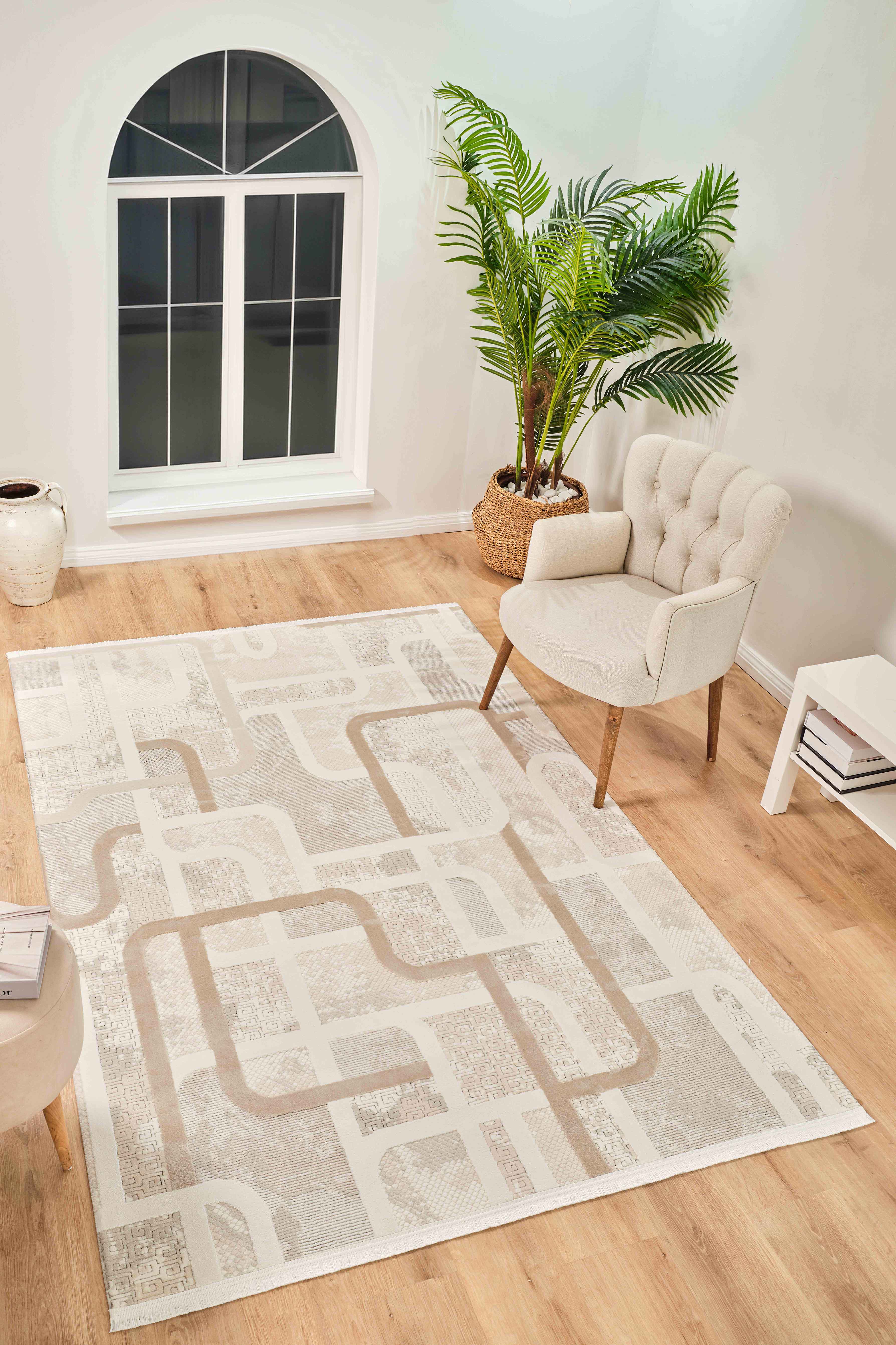 Baklava Desenli Geometrik Halı | Krem Kahve Simetrik Tasarım Özel Ölçü ✂