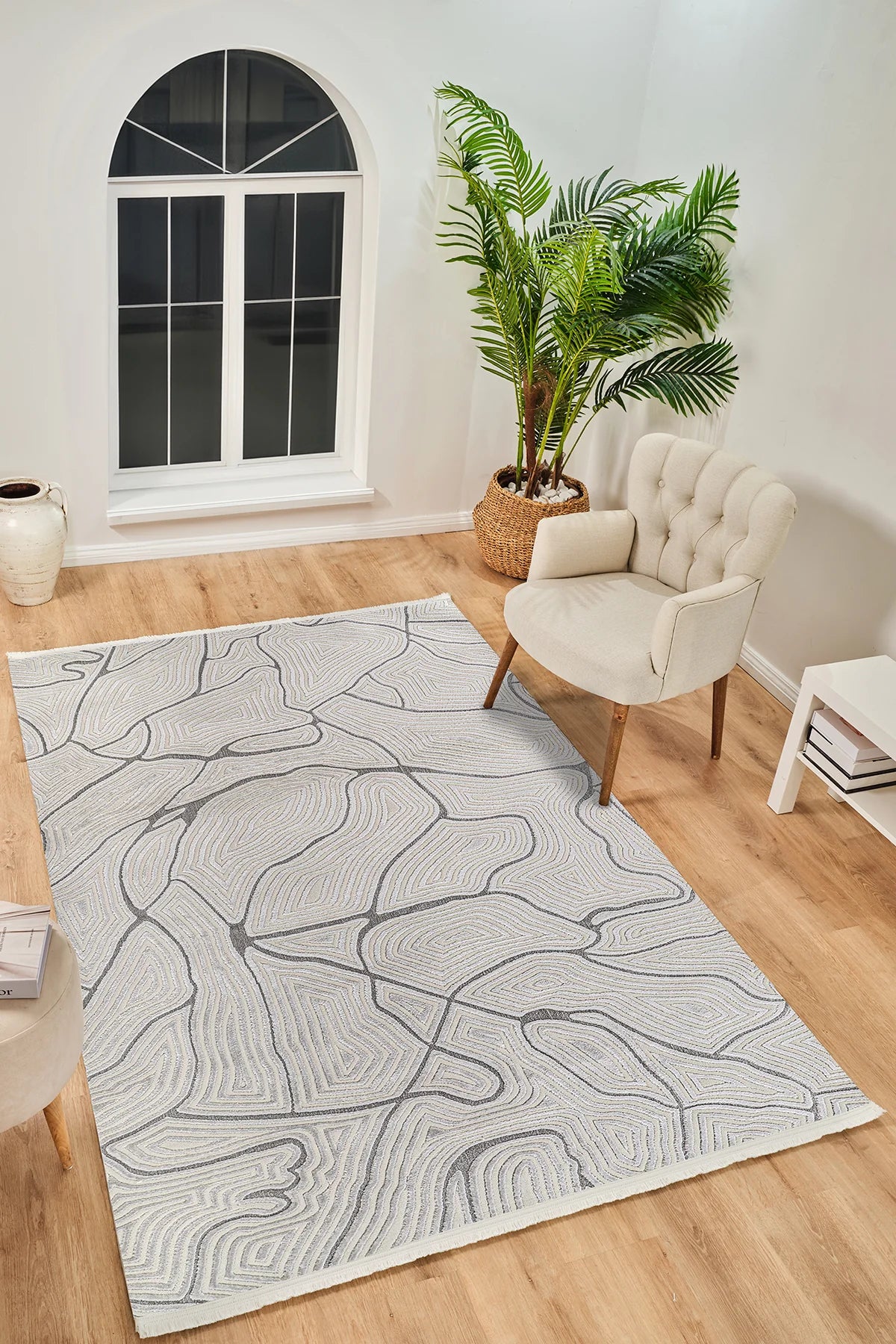 Beyaz ve gri desenli modern salon halısı, bej koltuk, bitki ve ahşap zemin