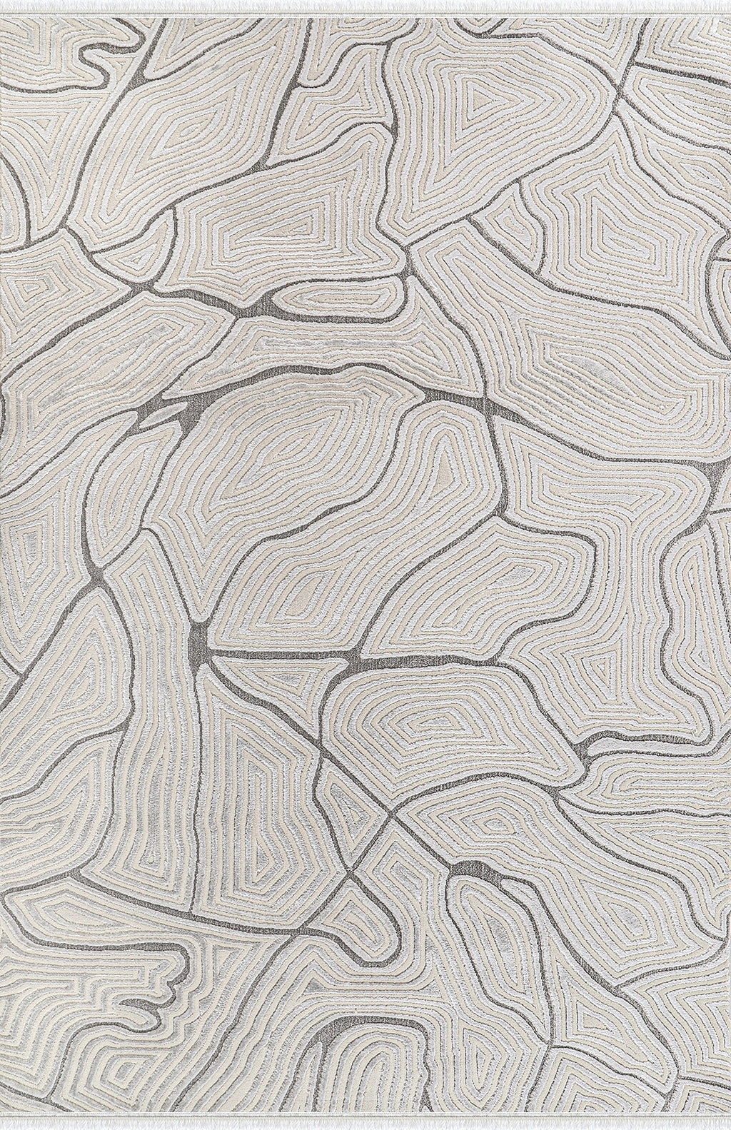 Krem ve gri tonlarında, yumuşak dokulu soyut desenli modern makine halısı