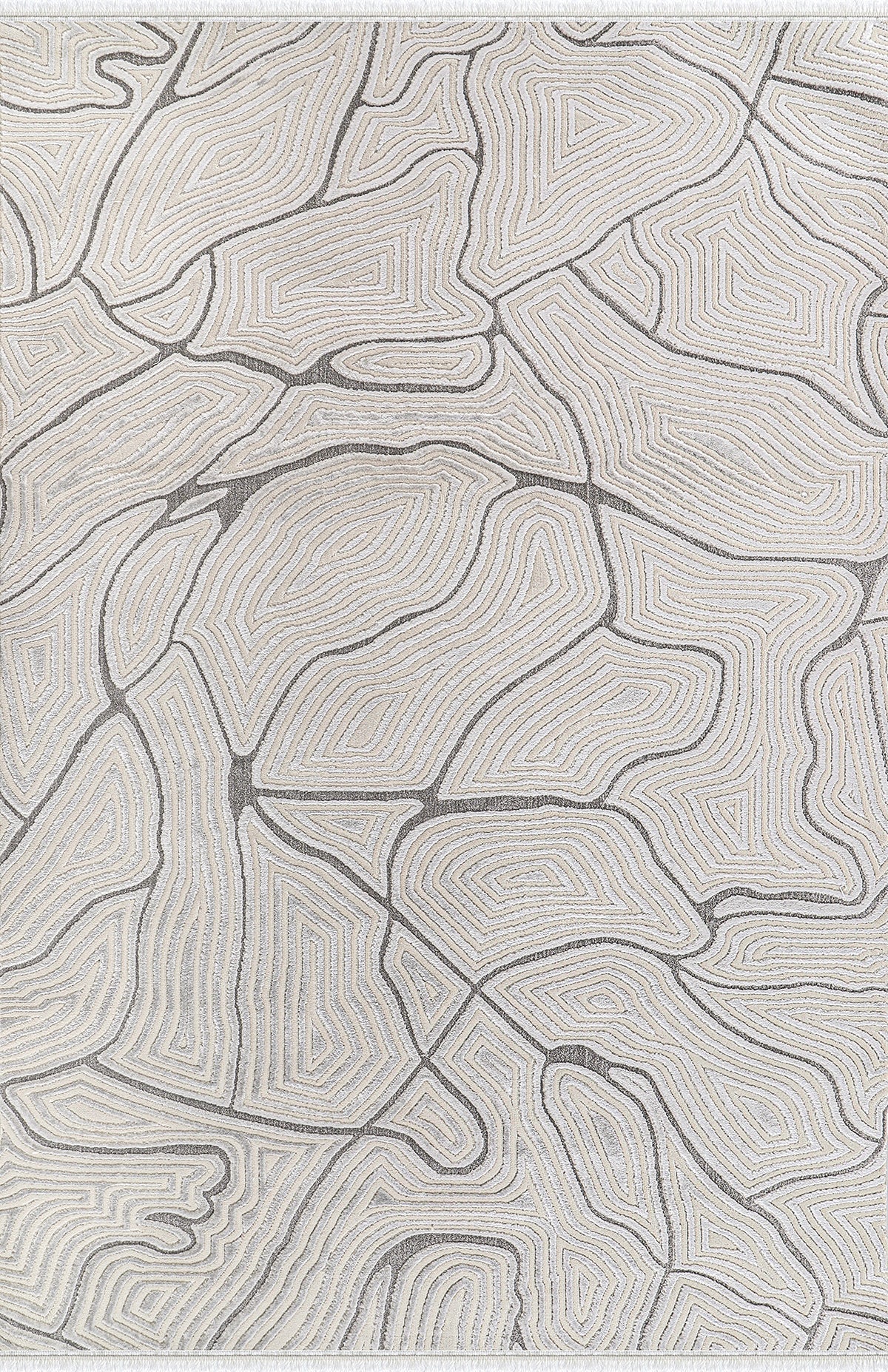 Krem ve gri tonlarında, yumuşak dokulu soyut desenli modern makine halısı