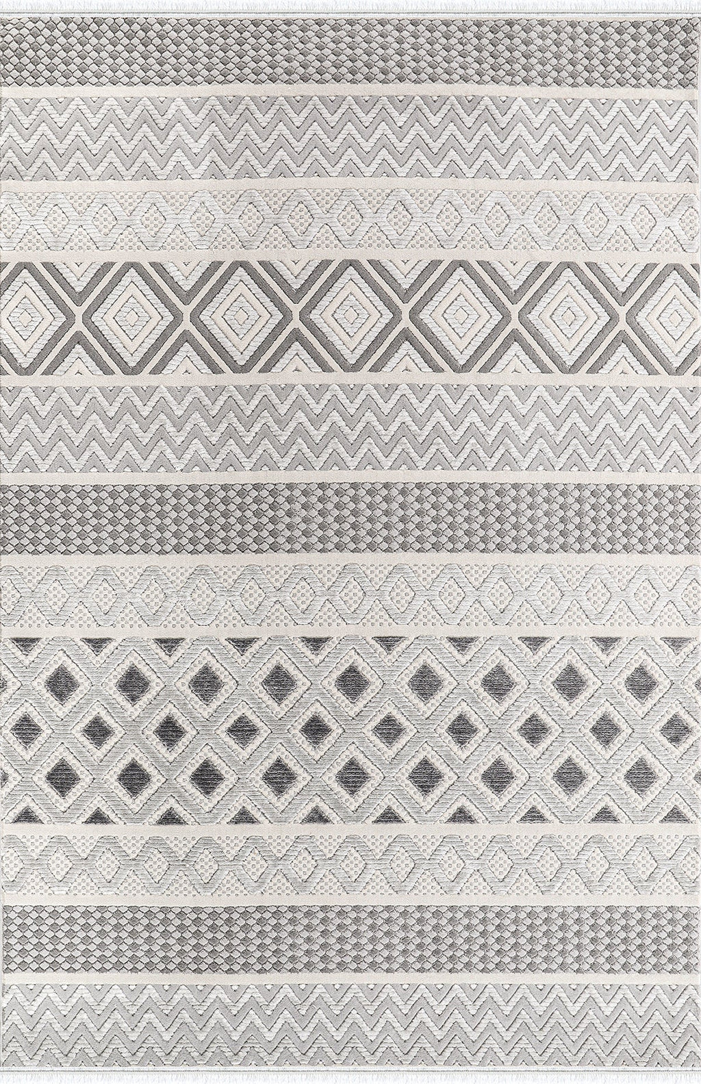 Gri ve beyaz geometrik desenli yumuşak dokulu makine halısı