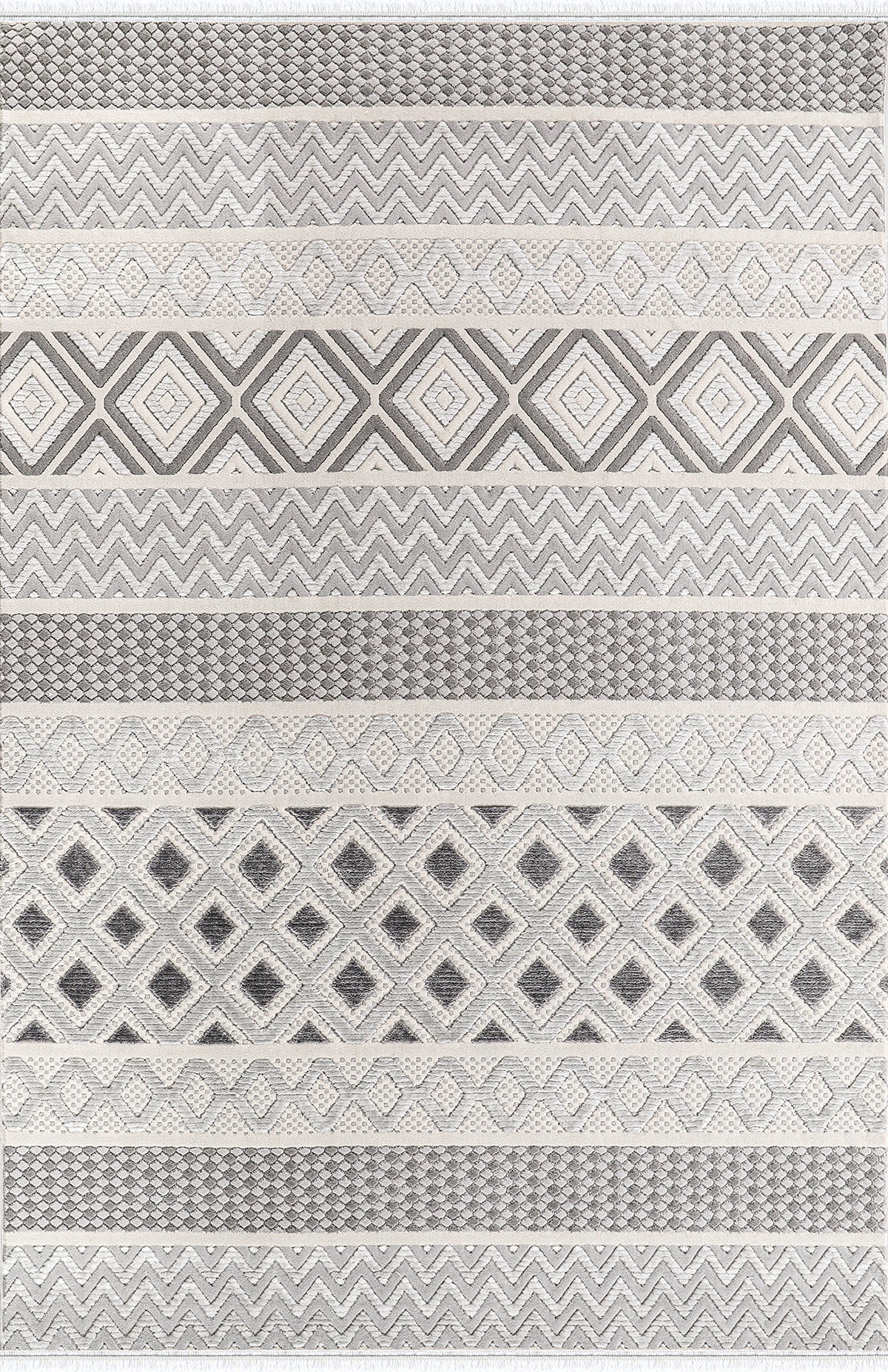 Gri ve beyaz geometrik desenli yumuşak dokulu makine halısı