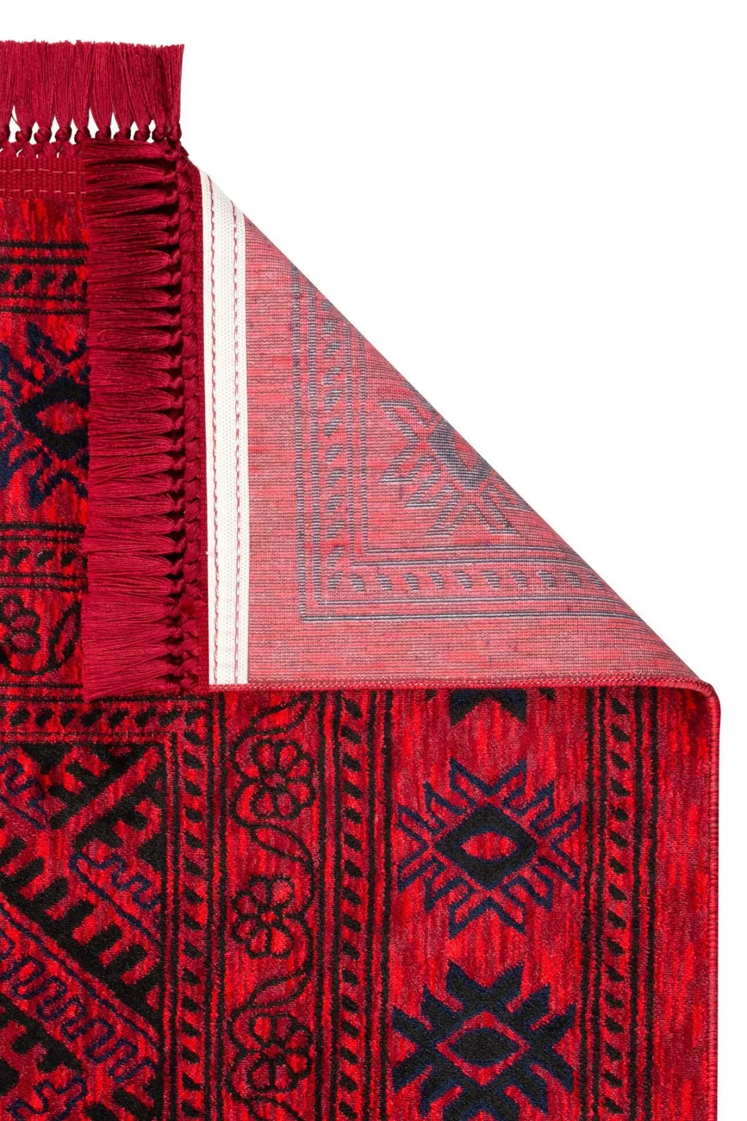 Kırmızı siyah desenli Afgan tarzı kaymaz tabanlı dekoratif halı, köşesi kıvrılmış