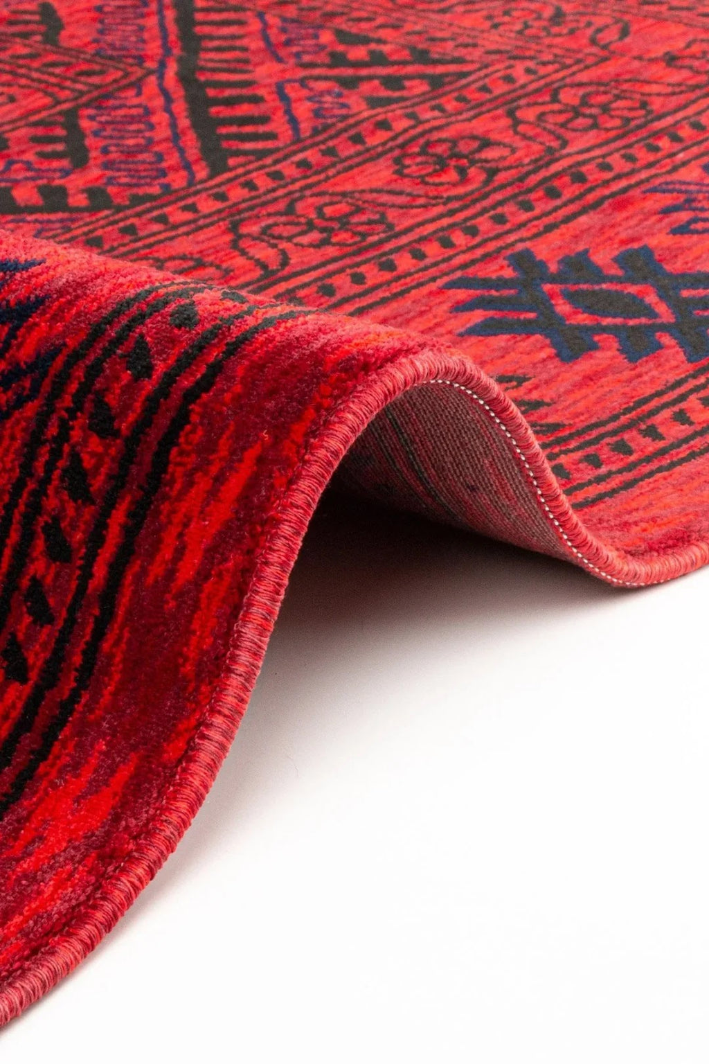 Kırmızı renkli Afgan Bahar halısı, dekoratif ve kaymaz tabanlı detaylı desenlerle