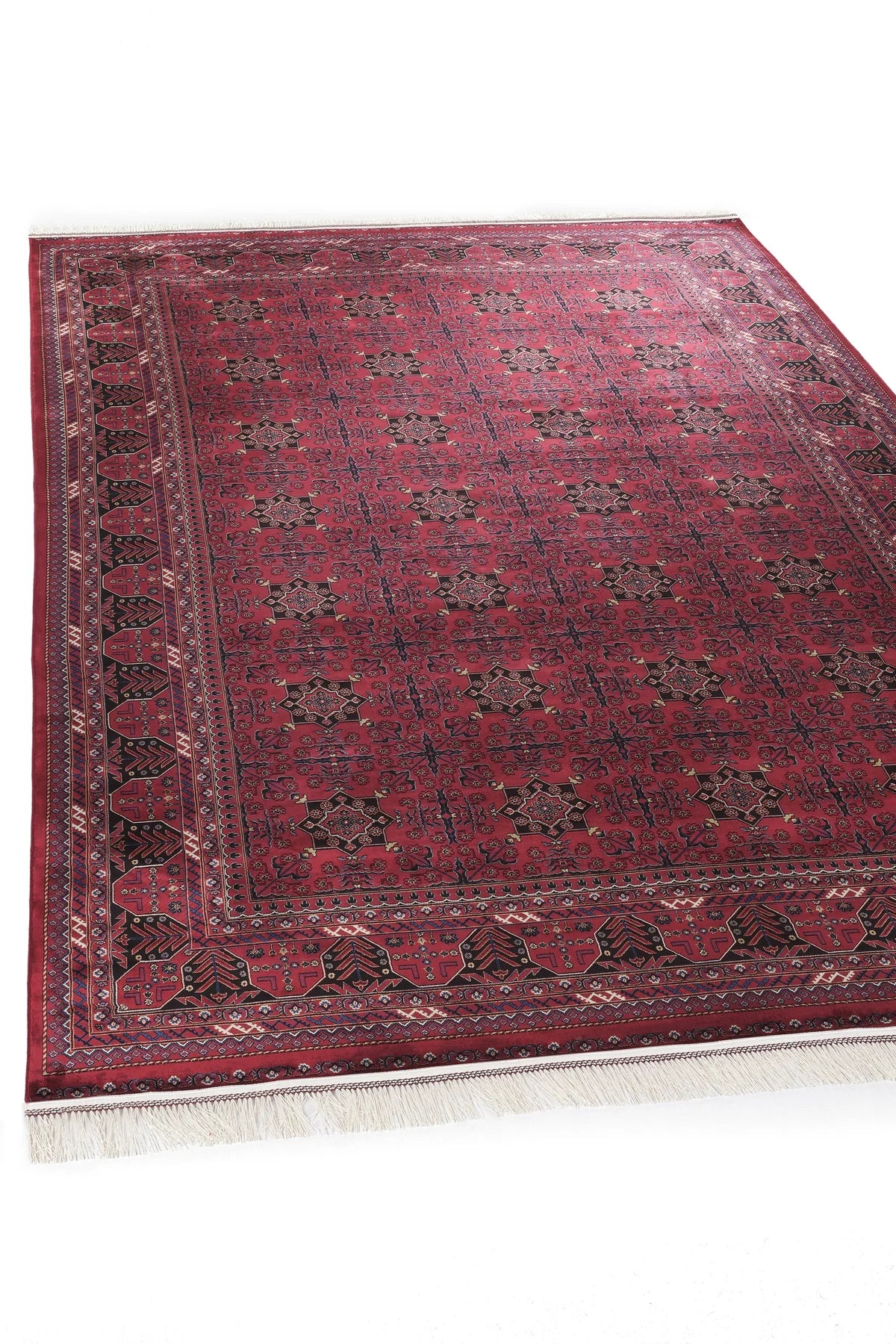 Bambu ve Viskon İpek Dokulu Bordo Afgan Halı | 100 Tarak Sık Dokuma Premium