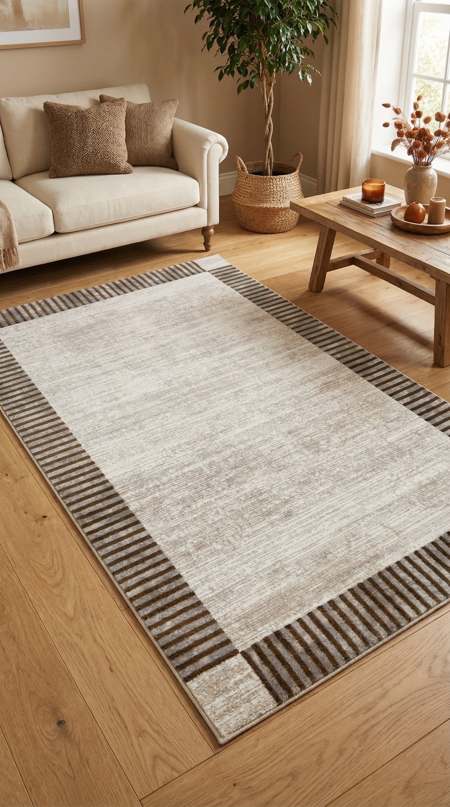 Zev Stone Serisi Çizgili Bordürlü Akrilik Halı st005 Krem 150x230 - %60 İndirimli Outlet