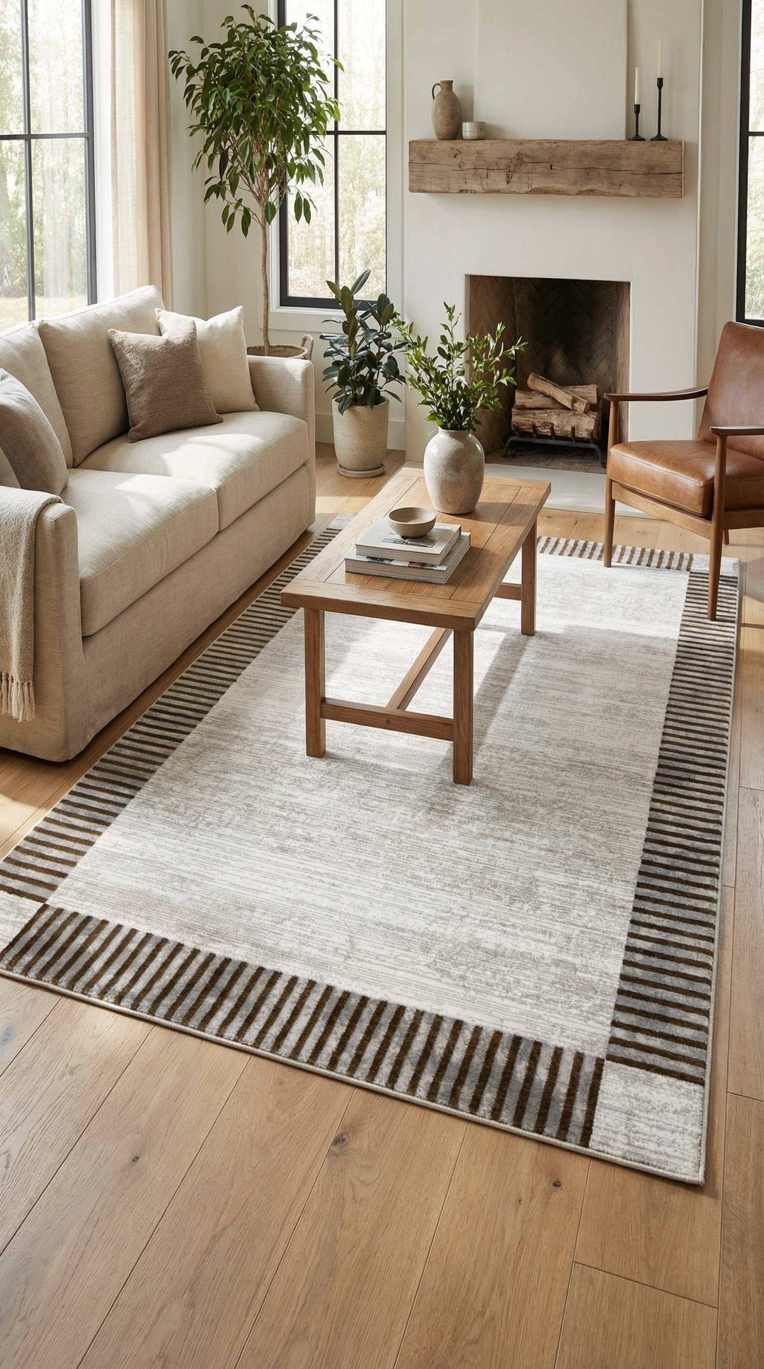 سجادة زيف ستون سيريز مخططة بحواف من الأكريليك، موديل st005، لون كريمي، مقاس 150×230 سم - خصم 60% في المتجر