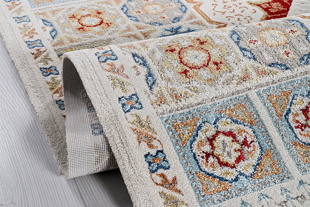 Renkli geometrik ve çiçek desenli dokuma salon halısı, toz tutmaz yüzey