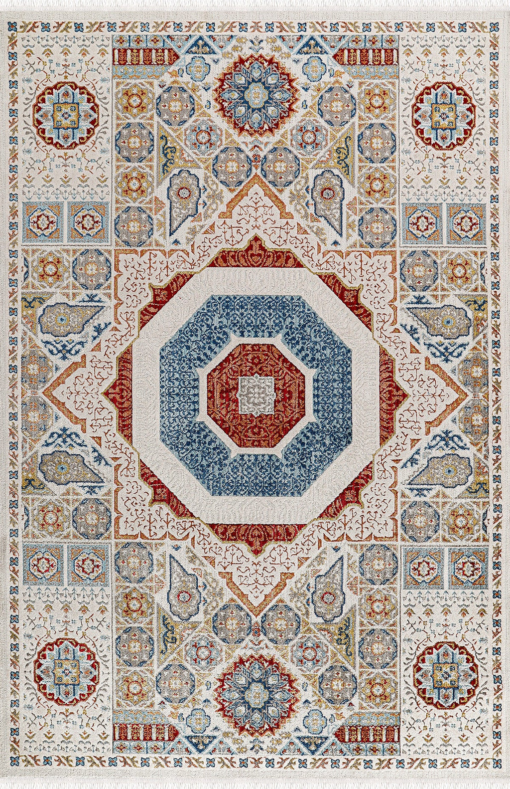 Krem zeminli, mavi ve kırmızı detaylı klasik desenli dekoratif salon halısı