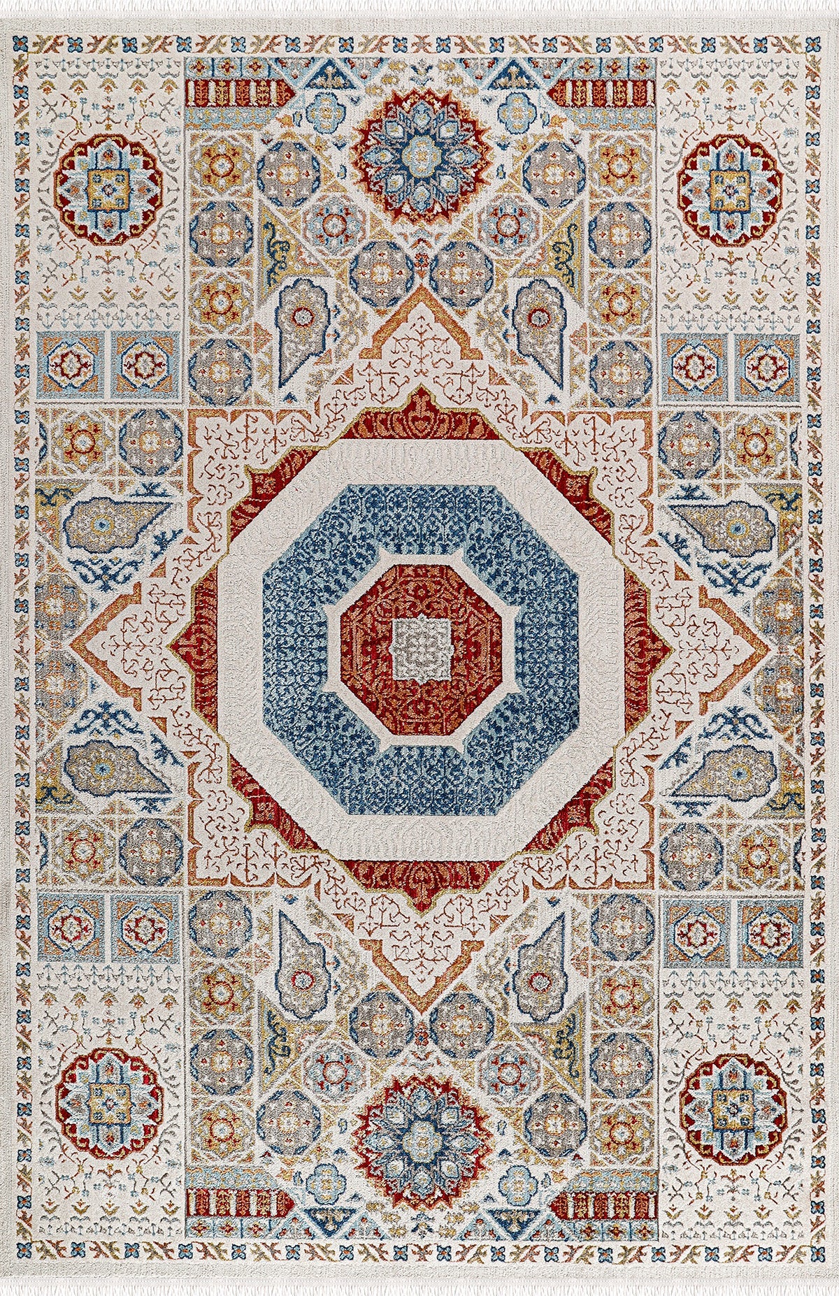 Krem zeminli, mavi ve kırmızı detaylı klasik desenli dekoratif salon halısı