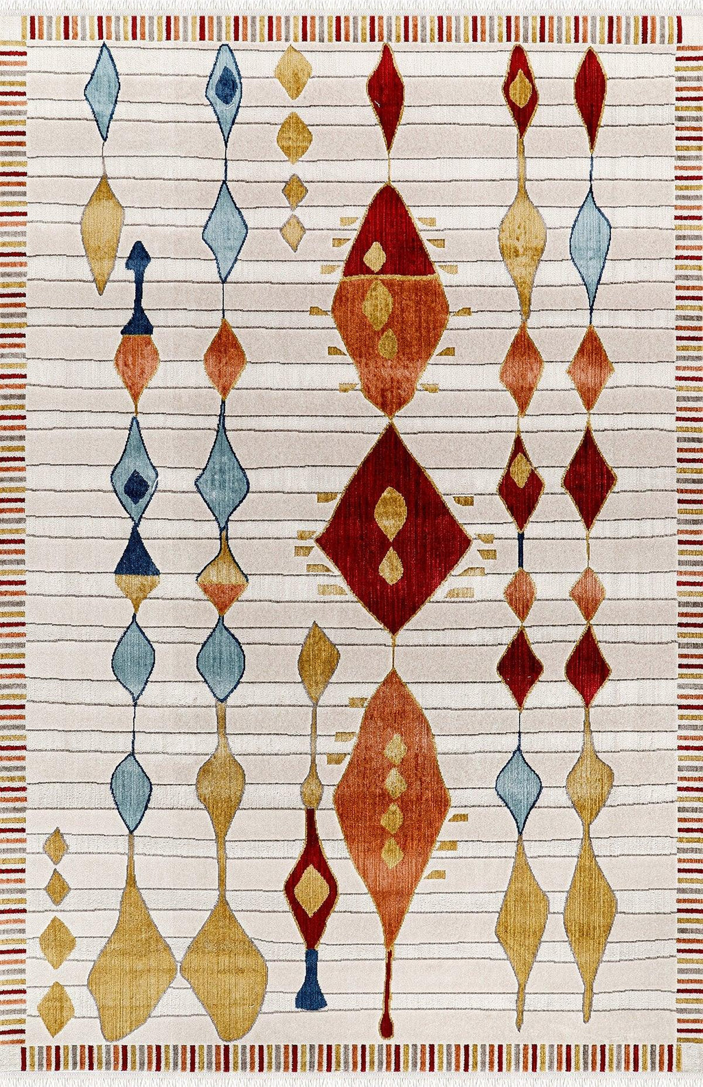 Renkli geometrik desenli ince çizgili modern salon halısı