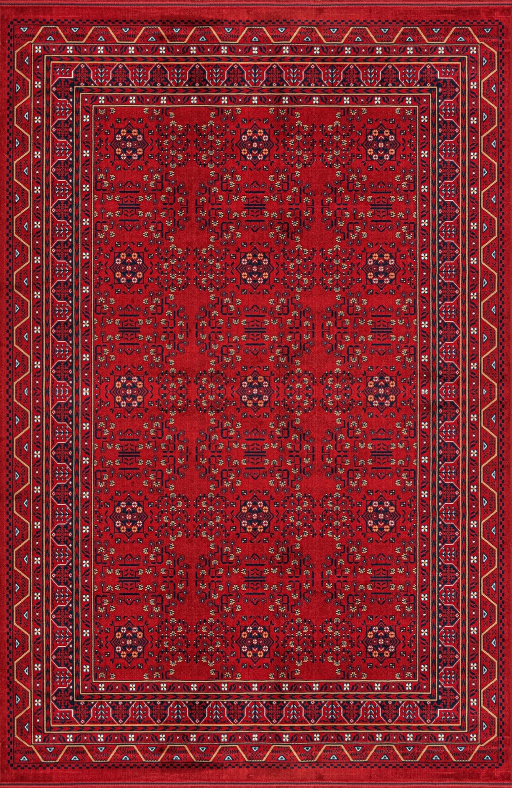 Koyu kırmızı tonlarda geometrik ve çiçek motifli Afgan el yapımı halı