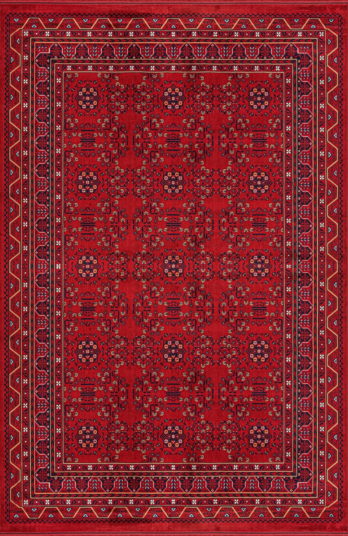 Koyu kırmızı tonlarda geometrik ve çiçek motifli Afgan el yapımı halı