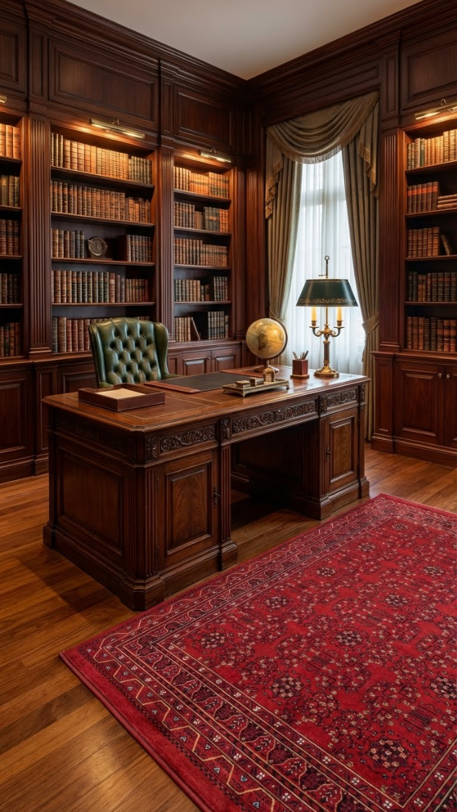 Klasik ahşap kitaplıklar, büyük masa, yeşil deri sandalye ve kırmızı Afgan halı ile lüks kütüphane ofisi