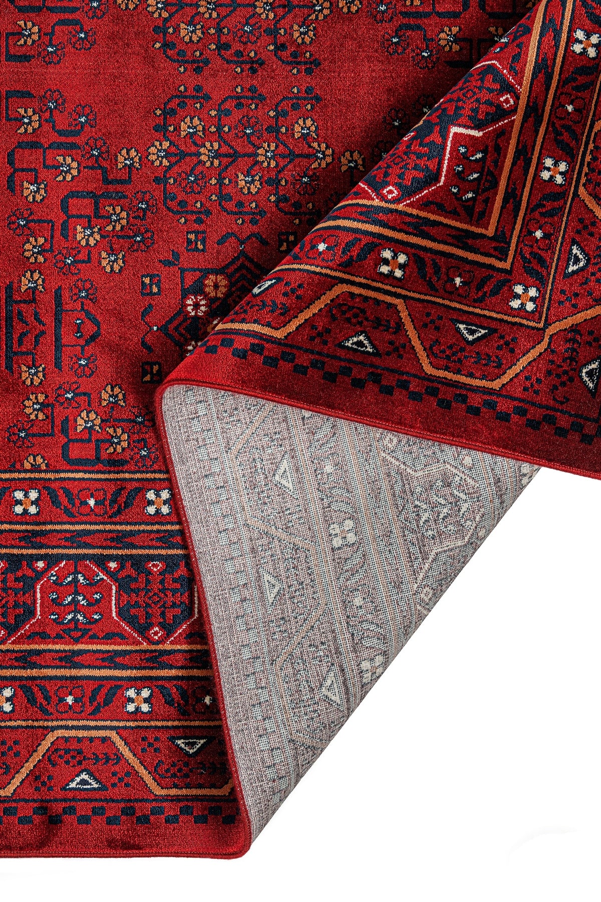 Kırmızı ve lacivert Afgan halısı, detaylı çiçek ve geometrik desenlerle, köşesi kıvrılmış