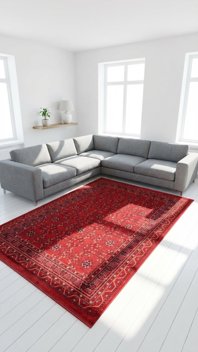 Gri köşe koltuk ve üzerinde kırmızı Afgan halısı bulunan modern, aydınlık oturma odası