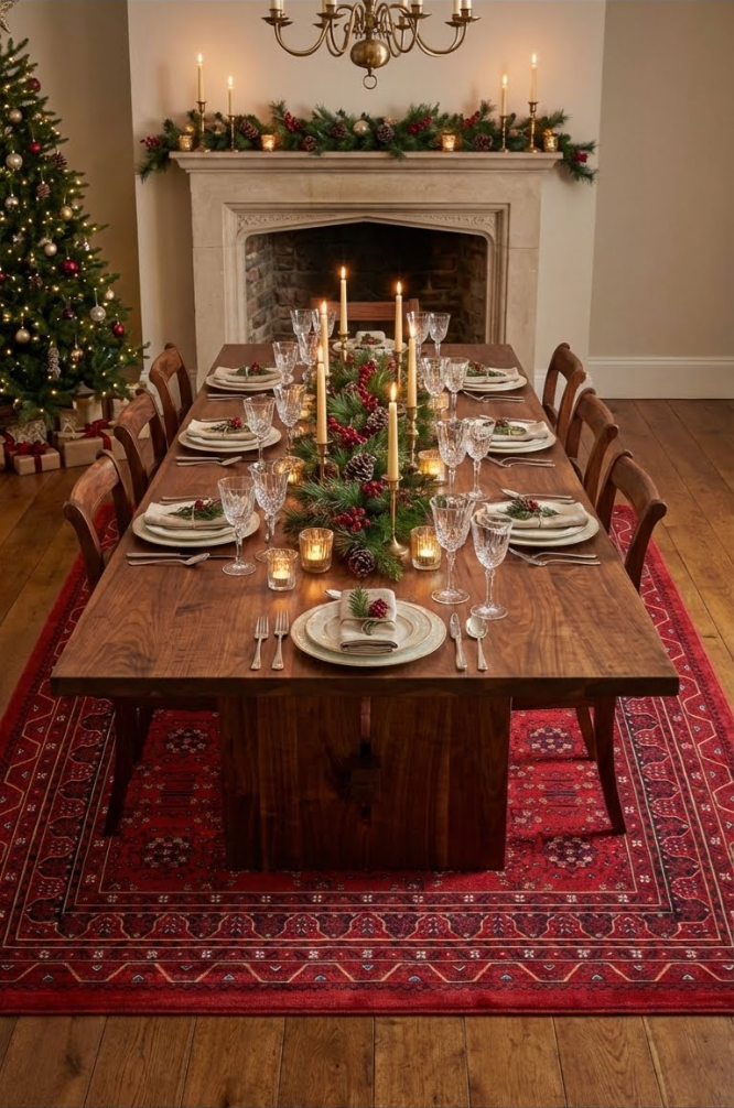 Şömine önünde kızıl kilime yerleştirilmiş ahşap yemek masasında çam dalları, mumlar ve kristal bardaklarla süslenmiş yılbaşı sofrasi