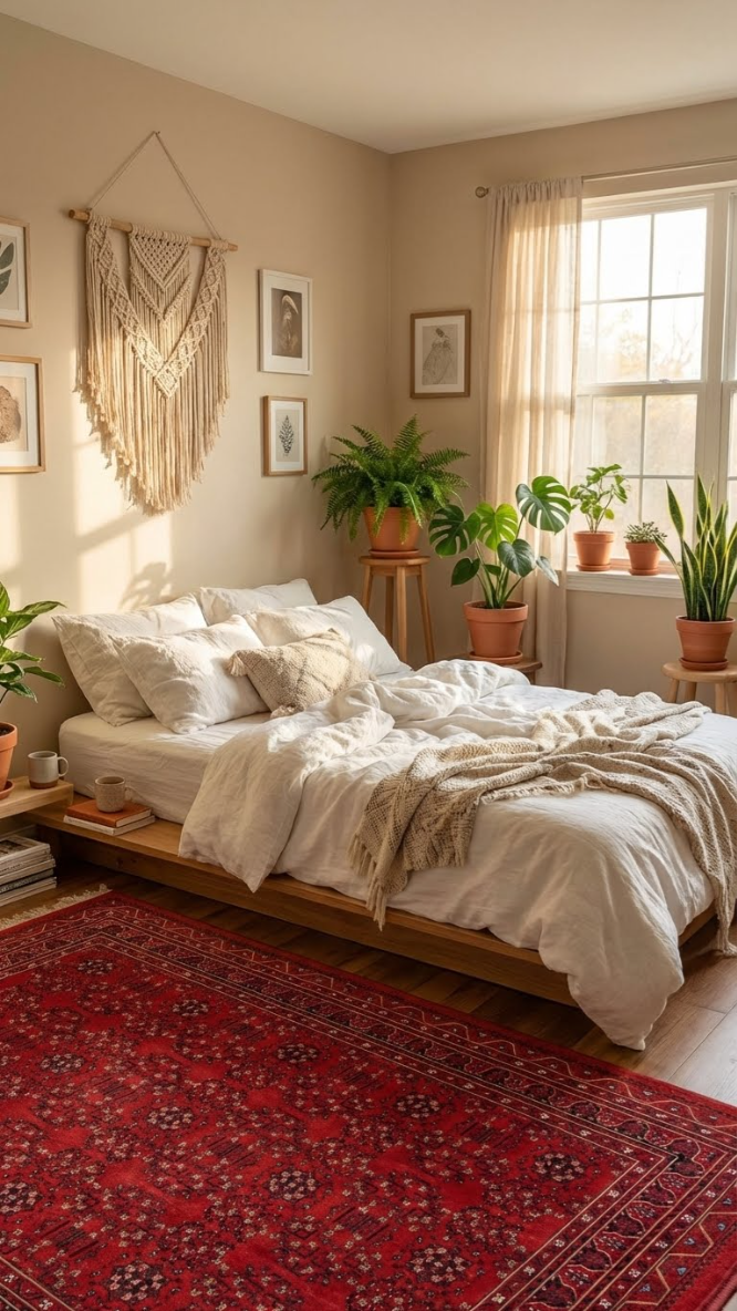 Bitkilerle dekore edilmiş beyaz nevresimli yatak ve makrome duvar süsünün olduğu aydınlık oturma odası