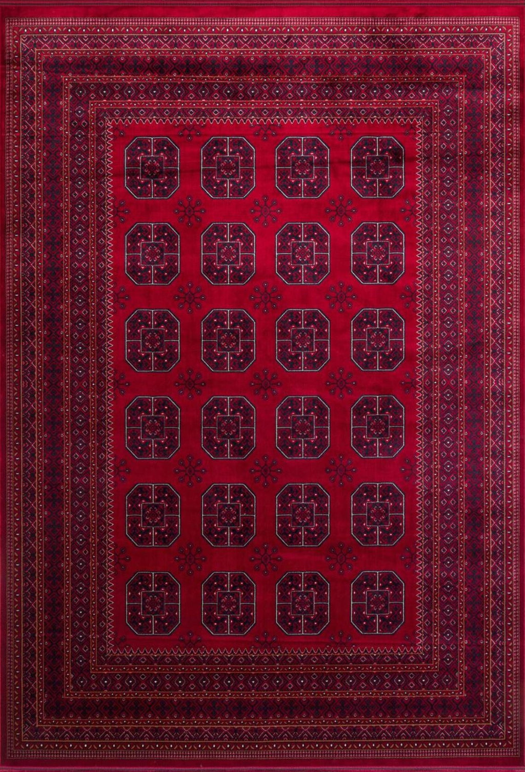 Koyu kırmızı Afgan halısı, geometrik motifler ve detaylı çerçeve desenleriyle