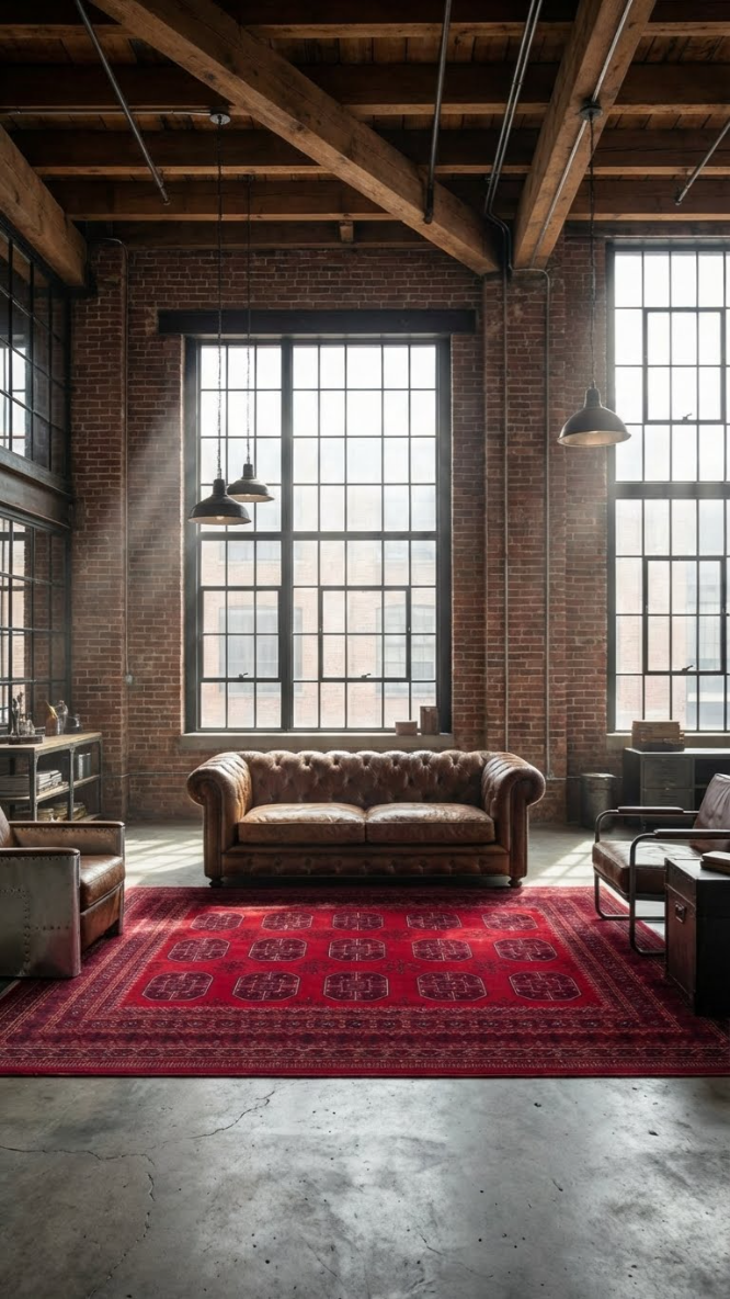 Endüstriyel tuğla duvarlı loft oturma odasında vintage kahverengi deri koltuk ve kırmızı Afgan halı