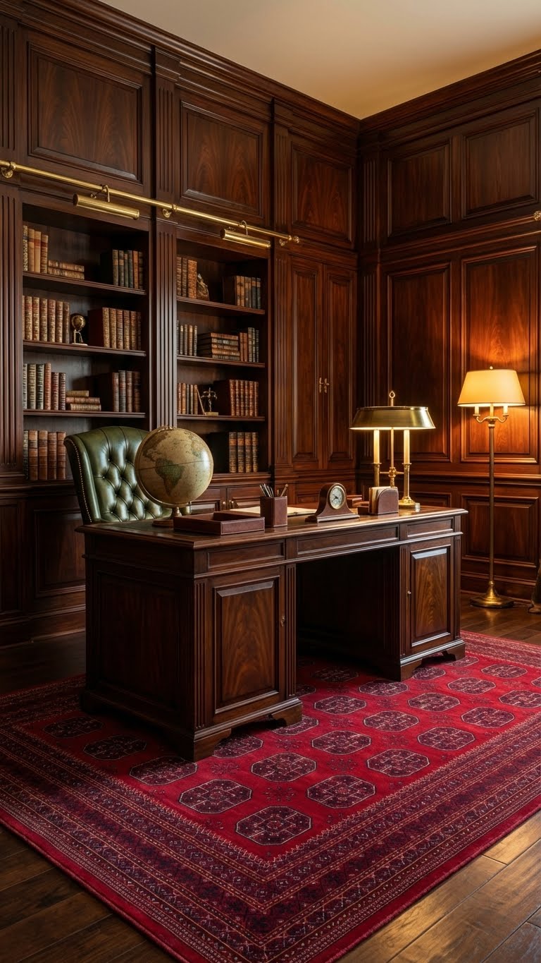 Klasik ahşap kitaplık ve masa, deri koltuk ile kırmızı Afgan halılıklı lüks çalışma odası