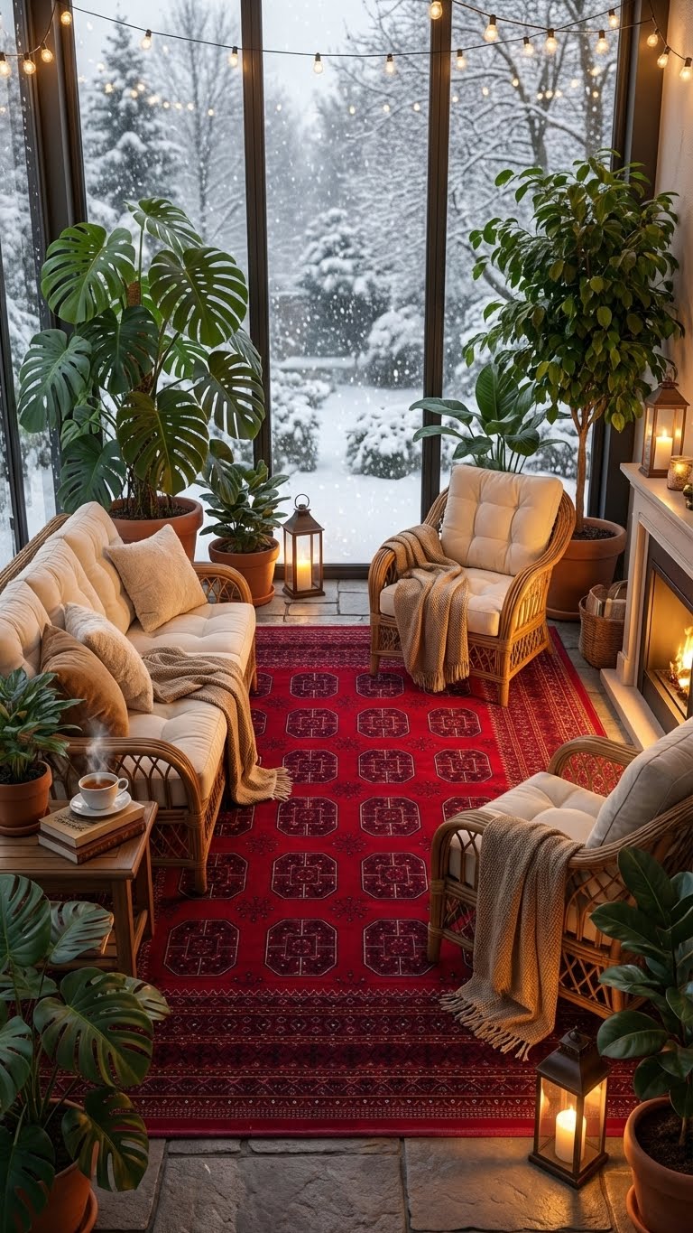 Kar manzaralı cam duvarlı sıcak oturma odası, kırmızı Afgan halı, rattan mobilyalar, bitkiler ve şömine