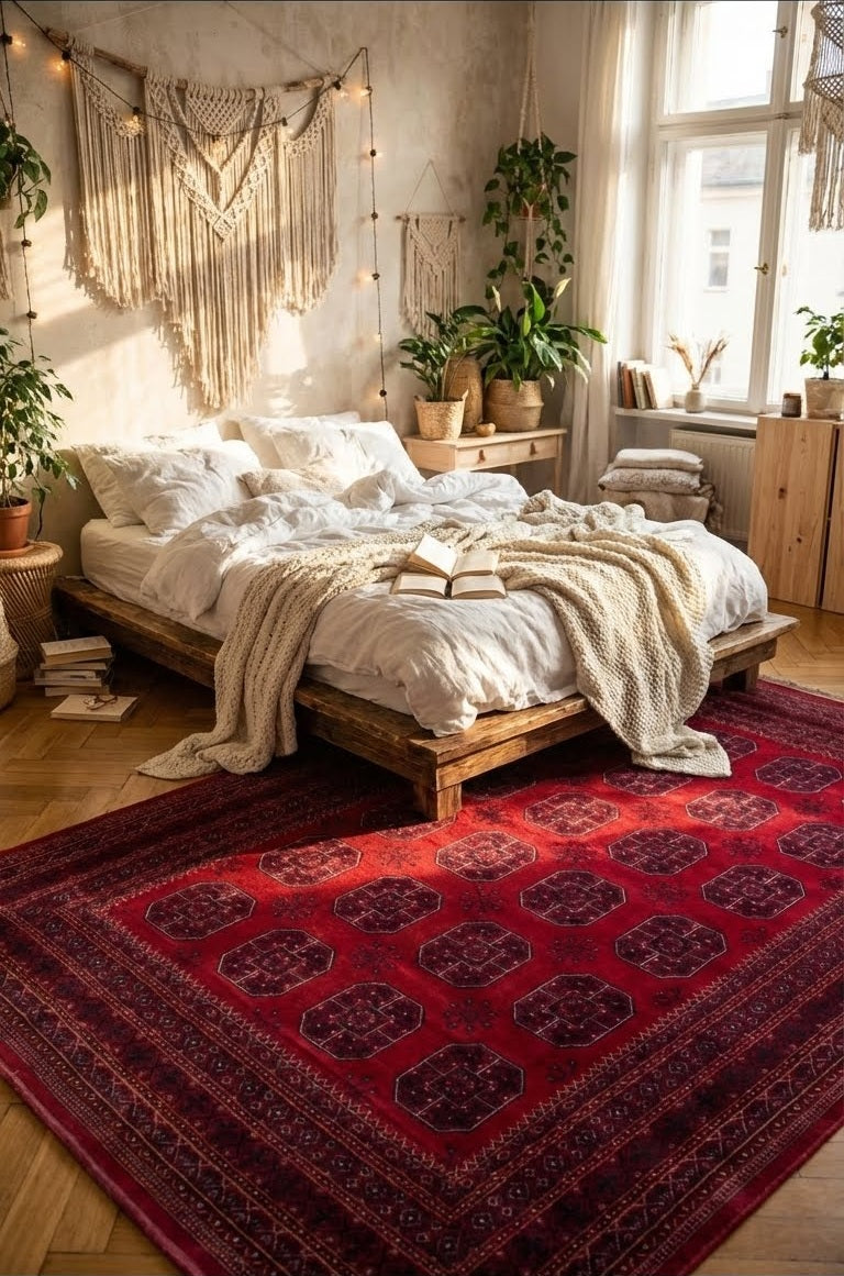 Kırmızı Afgan halı üzerinde doğal ahşap platform yatak, beyaz yatak takımı, krem örgü battaniye ve makrome duvar süsleriyle bohem yatak odası