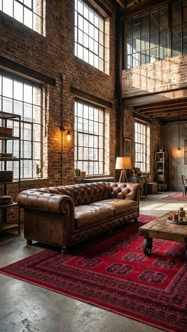 Endüstriyel tuğla duvarlı loft yaşam alanı, kahverengi deri Chesterfield koltuk, kırmızı Afgan halı ve büyük panjurlu pencereler