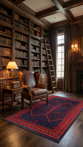Kütüphane odasında deri berjer, kitap rafları, merdiven ve kırmızı mavi Afgan halısı