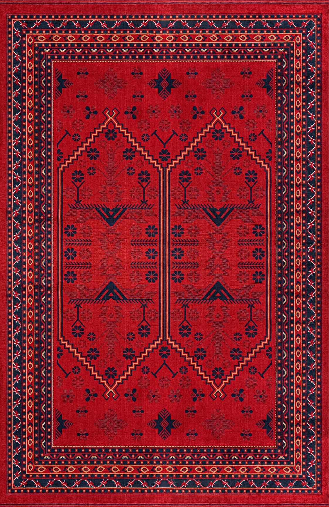Kırmızı zemin üzerinde lacivert detaylı Afgan halısı, geometrik ve çiçek motifleriyle çevrelenmiş