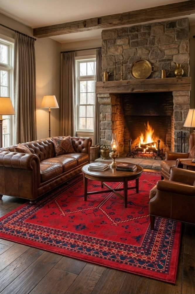 Kahverengi deri koltuklar ve taş şömineli oturma odasında kırmızı Afgan halısı ve ahşap sehpa