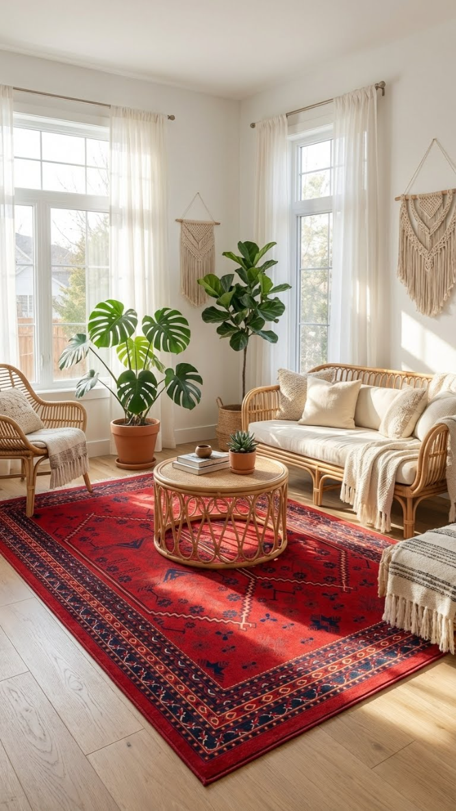 Doğal ışık alan oturma odasında kırmızı Afgan halı, hasır mobilyalar ve büyük saksı bitkileri