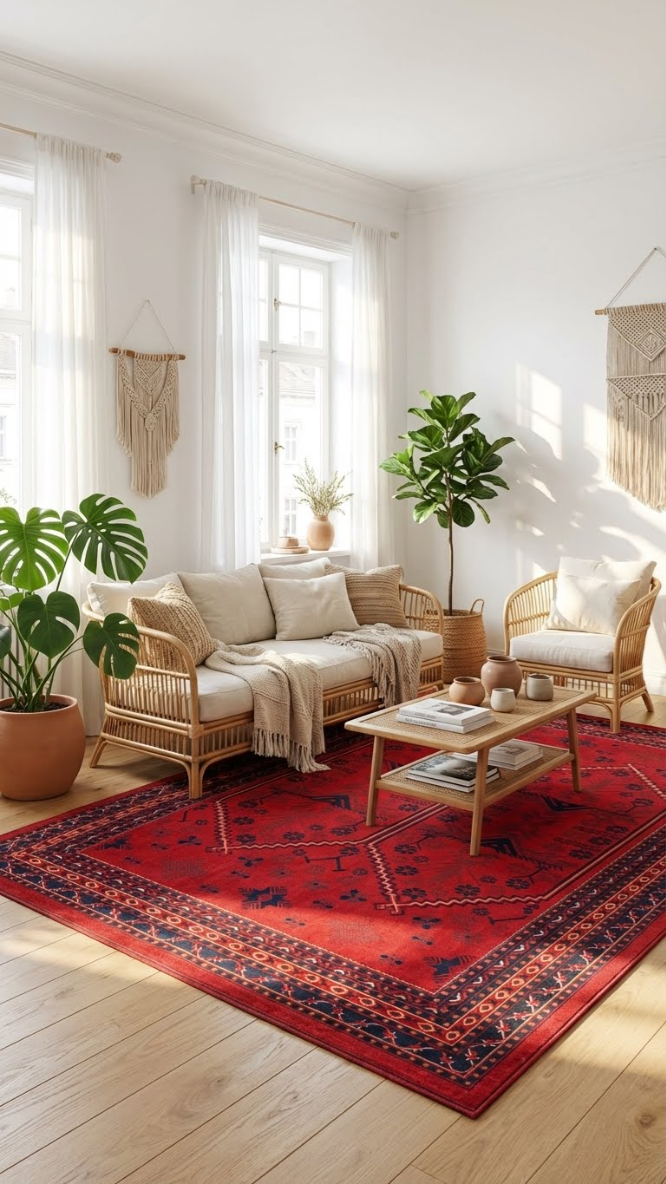 Doğal ahşap mobilyalı oturma odasında kırmızı Afgan halısı, beyaz perde ve makrome duvar süsü